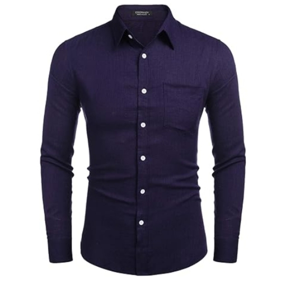 Men's Casual Button Down Shirt Long Sleeve Linen Chambray Navy Blue - Picture 4 of 5